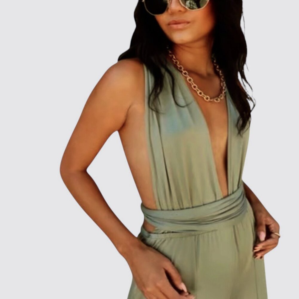 NEW 12th TRIBE HALTER JUMPSUIT FLOWY WIDE LEG BODYCON BADDIE FESTIVAL SML - Picture 3 of 6